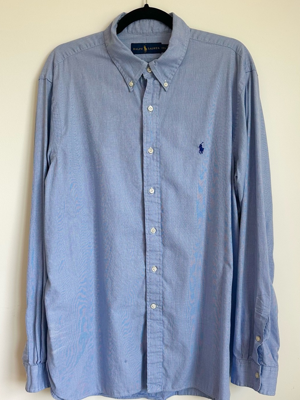 RALPH LAUREN Light Blue Mini Check Button Down Oxford Shirt with Navy Pony 17.5